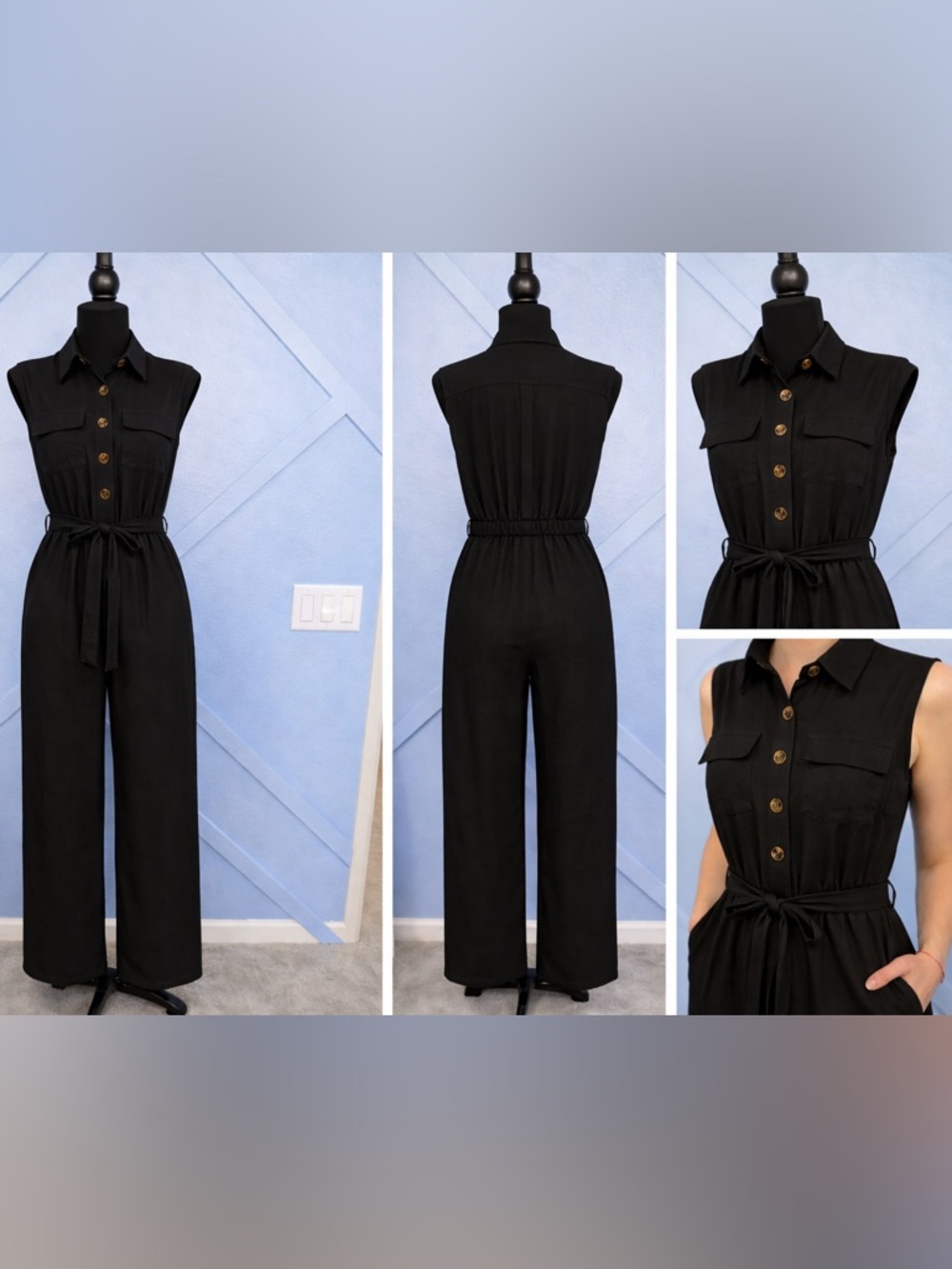Calvin Klein Sleeveless Black Wide-Leg Jumpsuit with Tie Waist